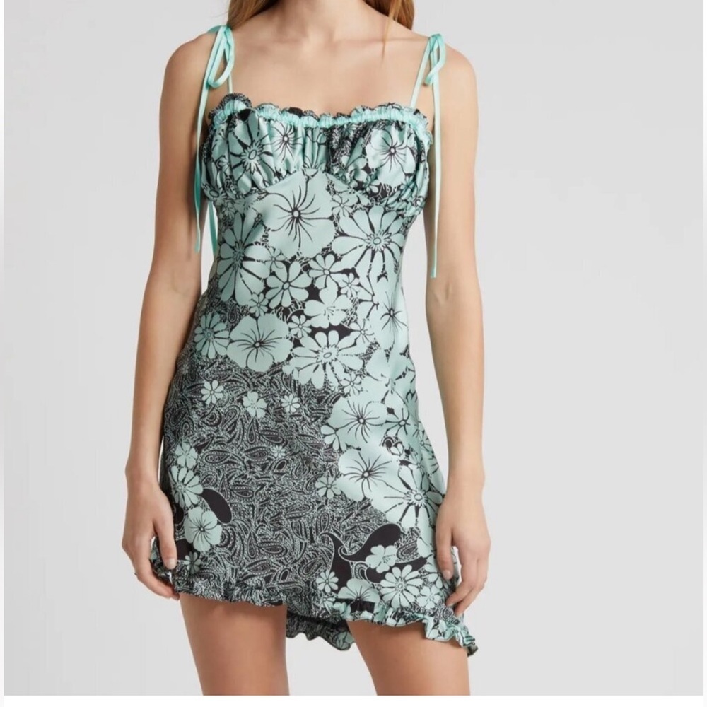 Free People Retro Daisy Asymmetrical Slip Dress Black Combo Flowered Sz L